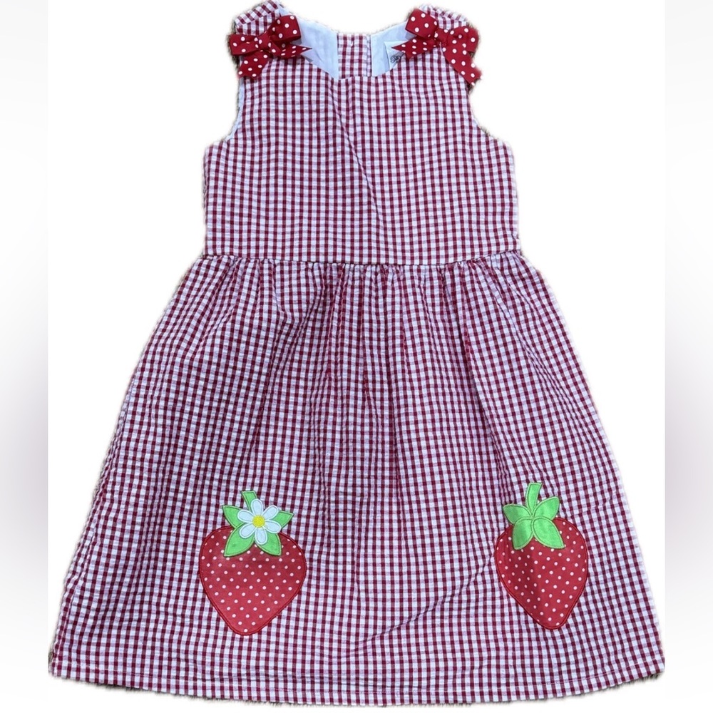 Rare Editions Little Girls Red & White Checked Seersucker Dress Strawberry Sz 6X